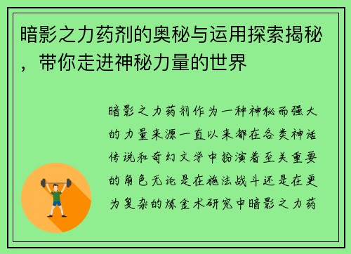 暗影之力药剂的奥秘与运用探索揭秘，带你走进神秘力量的世界